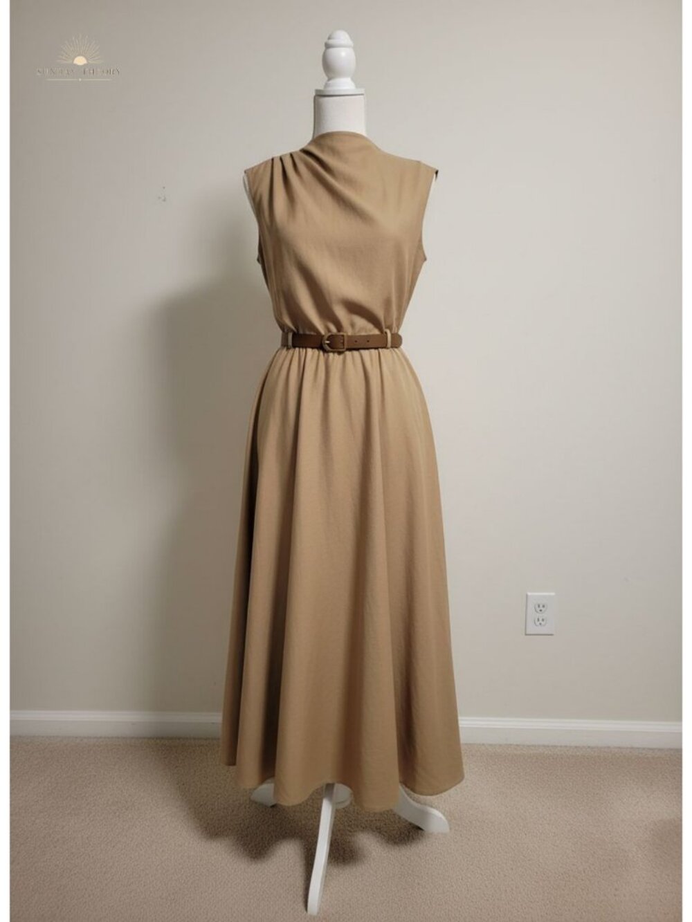 Mock Neck Ruched Belted A-Line Maxi Dress Sleeveless Fitted